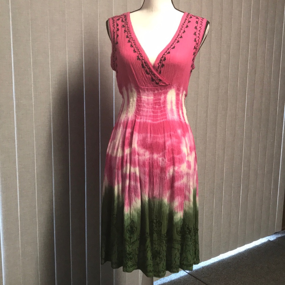 NWOT Devi Festival Dress Pink Green White Black